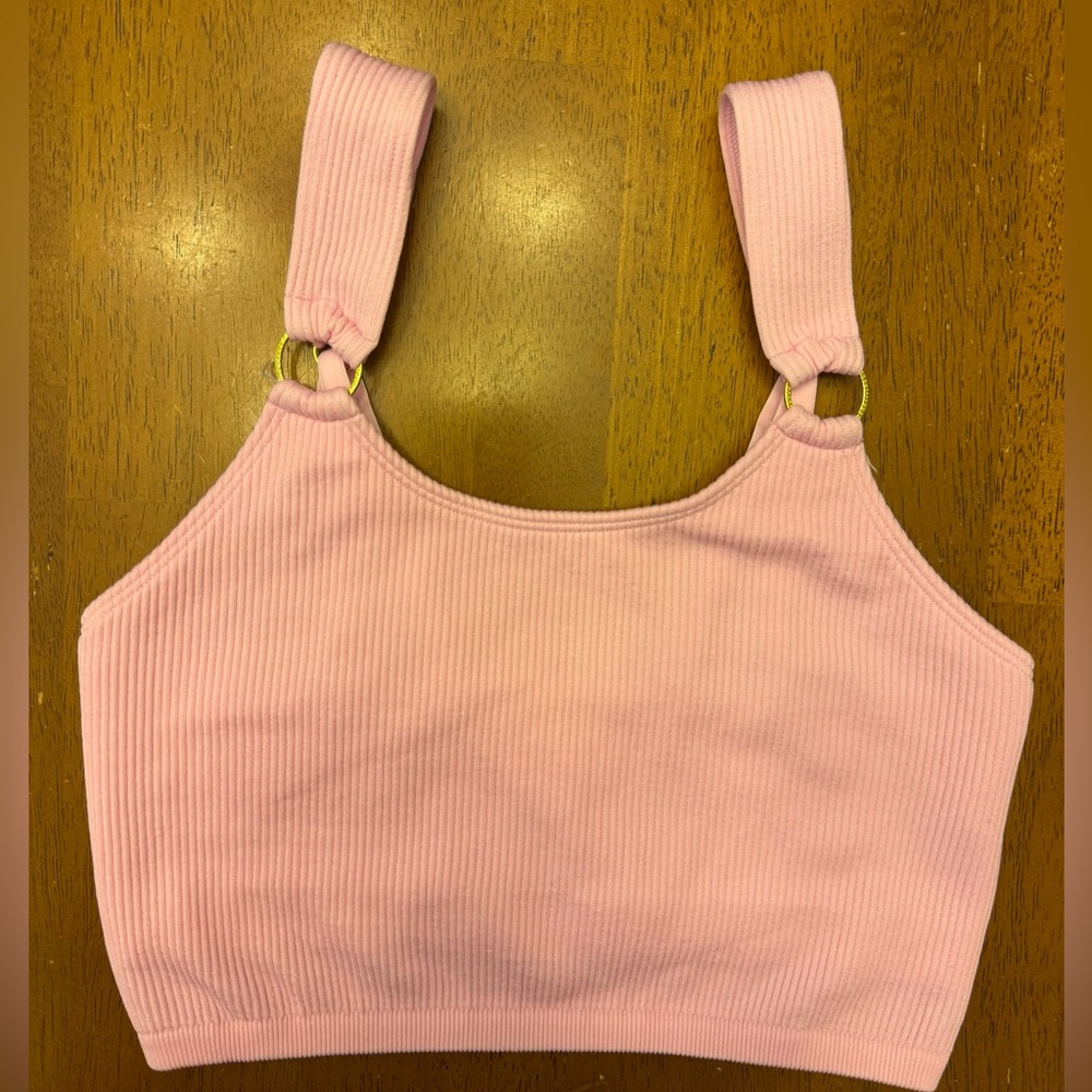 Aerie Pink Ribbed Bra with gold ring.